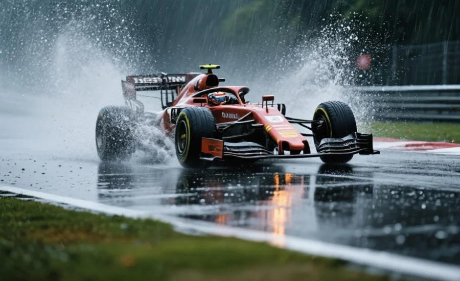 极速赛车在雨中飞驰，雨滴溅起，赛道反光，车手专注驾驶